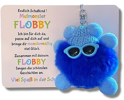 Endlich Schulkind! Mut-Monster FLOBBY, Geschenk Einschulung, Glücksbringer, Mutmacher, Schultüte, Lernhelfer, Anhänger Mäppchen oder Ranzen (Dunkelblau)