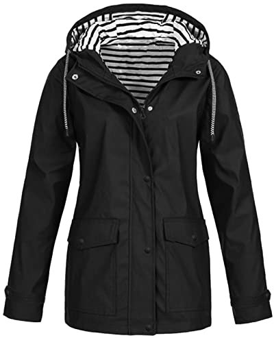 Ciré Femme Coupe Vent Veste de Pluie avec Capuche Mes Commandes Zippé Chaude Vetement de Travail Sport Grande Taille Hauts Adulte Automne Pas Cher Blousons pour Femmes Noir L