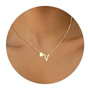 HSWYFCJY Halskette Damen Gold Kette mit Buchstabe V 316L Edelstahl Namenskette mit Herz Anhänger Verstellbar Initialen Halskette Personalisierte Schmuck Geschenke für Frauen Mädchen 45+5cm