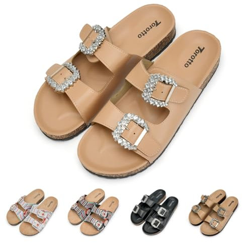 Torotto Damen Pantoletten Hausschuhe Sportliche Zehentrenner Kork-Fußbett Schlappen Mit Verstellbarer Rieme Sandalen(braun,40 EU)
