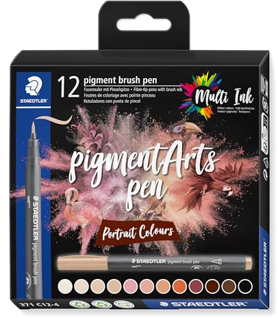 STAEDTLER brush pen pigment Arts, Premium-Zeichentusche, Pinselspitze für variable Linienbreite, wasserfest, schnelltrocknend, 12 brush pens in sortierten Farben im Kartonetui, 371 C12-4