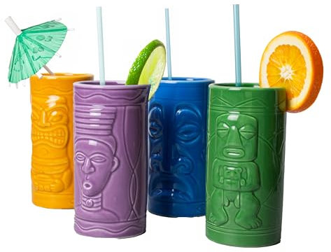 #winning Set mit 4 großen, bunten, schweren Keramik-Tiki-Partybechern, 355 ml
