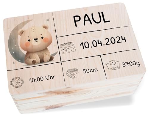 Holz - Holzkiste zur Geburt Baby Personalisierte mit Bär | Baby Erinnerungsbox | Geschenk zur Geburt - 30 x 20 x 14 - Holz - kiste newborn babybox name für erinnerungskiste