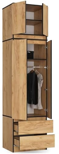 BDW Kleiderschrank mit Aufsatz - 4-türig mit 2 Schubladen für das Schlafzimmer, Wohnzimmer, Flur, 234x60x51cm (Craft Eiche)