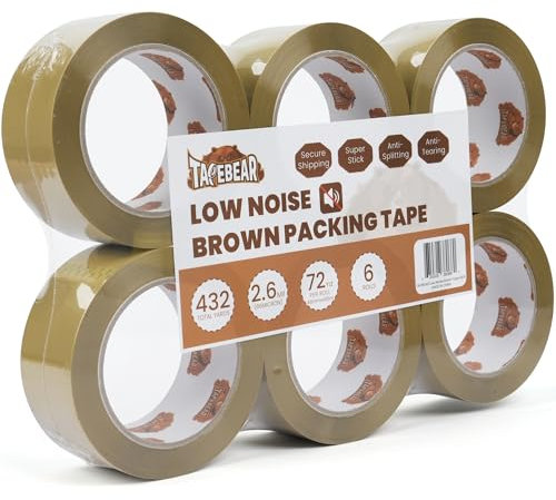 TAPEBEAR Geräuscharmes Paketklebeband Braun Packband 48mm x 66m, 6Rollen Klebeband Kartonband zum Verpacken von Paketen und Versandschachteln