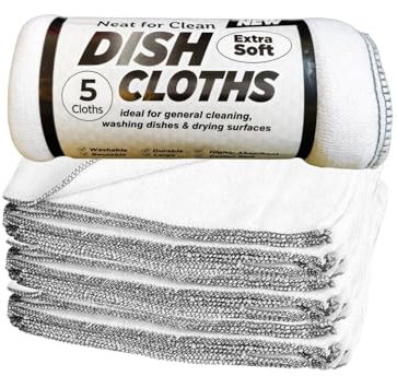 HOMESHOPA Large Dish Cleaning Cloth, 5 Pack Cotton Super Absorbent White Kitchen Washing Up Dishcloth, Extra Soft & Thick Reusable Tea Towels Washcloths, 35 X 35cm
