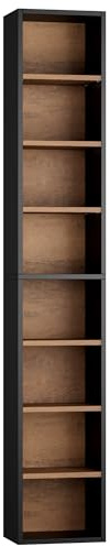 FOTOSOK Medienturm-Regal mit 8 Ebenen, 29 x 23 x 180 cm, schmaler CD-/DVD-Schrank mit verstellbaren Regalen, hohes schmales Bücherregal, Ausstellungs-Bücherregal für Heimbüro, Schwarz/Braun