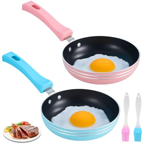 Asfrode Mini Pfanne 12 cm, 2 Stück Aluminiumlegierung Antihaftbeschichtet Spiegeleipfanne, Tragbar Hitzebeständig für Frühstück, Mittagessen (Blau & Rosa)
