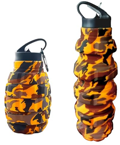 KUNHANG Faltbare Reise-Wasserflasche, wiederverwendbare Silikon-Wasserflaschen für Fitnessstudio, Camping, Wandern, tragbar, auslaufsicher, Sport, Wasser-Armee-Camouflage-Flasche mit Granatenkarabiner