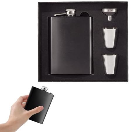 Flask Gift Set Stainless Steel 8oz, Matte Black Flask Gift Set with 2 Cups & Funnel, Gift Box Set for Men for Birthday Gift, Best Man Fathers Day Wedding