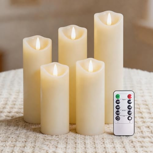 PinnWaa LED Kerzen, 5 flammenlose Stumpenkerzen mit Timer, Elfenbein | 10-Tasten-Fernbedienung, realistisch flackernde Flamme, Batteriebetrieb, Dekobeleuchtung für Weihnachten, Hochzeit und Party