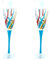CC Zecchin Pair of Murano Champagne Wine Glass Hand Painted Multi Light Blue Stem