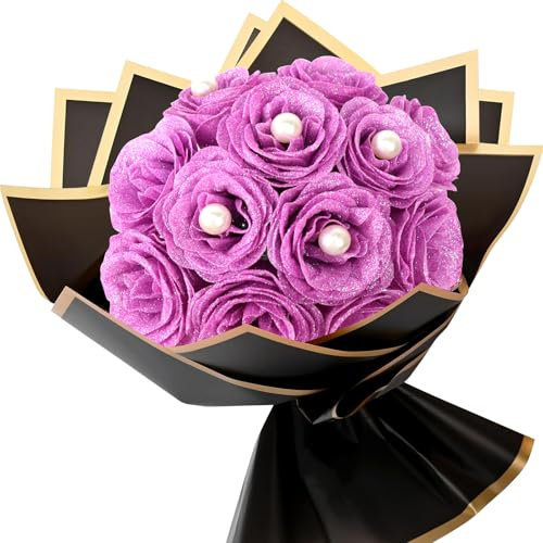 LARDUX 12 Stück lila Glitzer-Rosenstrauß, Glitzer-Blumenstrauß, DIY künstliche Blumen mit Glitzerstrauß, glänzende Rose, künstliche Blume für Valentinstag, Jahrestag, Abschluss, Geburtstag, mit Perlen