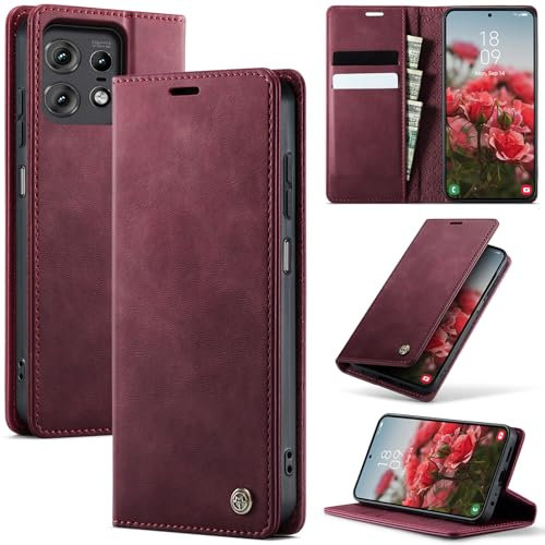 owlhold Coque Motorola Edge 50 Pro Cuir PU Premium Fentes Cartes Etui Pochette de Portefeuille avec Fonction Support Case à Rabat Coque Motorola Edge 50 Pro - Vino Rosso