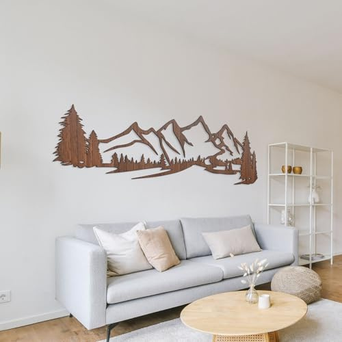 SENTOP HDF0414 Wanddekoration aus Holz – Wandbild Berge & Wald – Natur Holzdeko für Wohnzimmer, Schlafzimmer & Büro – Handgemachte Wandkunst aus Eiche (Walnuss, 99 x 33 cm)