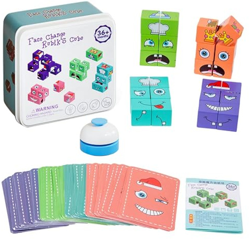 Würfelpuzzle Holz Ausdruck Holzpuzzle Gesichter Puzzle Bauwürfel 3D Puzzle Face Changing Magic Cube Magische Gesicht Bausteine Würfelpuzzle Montessori Spielzeug Blöcke Holz Lernset