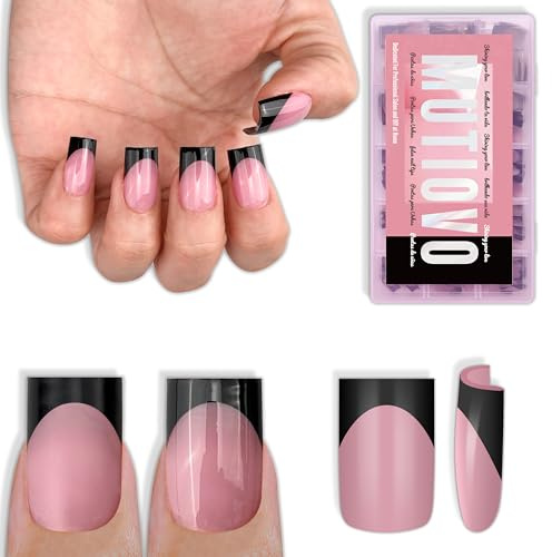 MUTIOVO Black French Tip Short Straight Square Nail Tips Press on, BERRY PINK Extra Thick NEED Soft Gel Nail Extension, Need Builder gel & Top,Coat Full Cover False Nails, for DIY x 15 Sizes 150 pcs