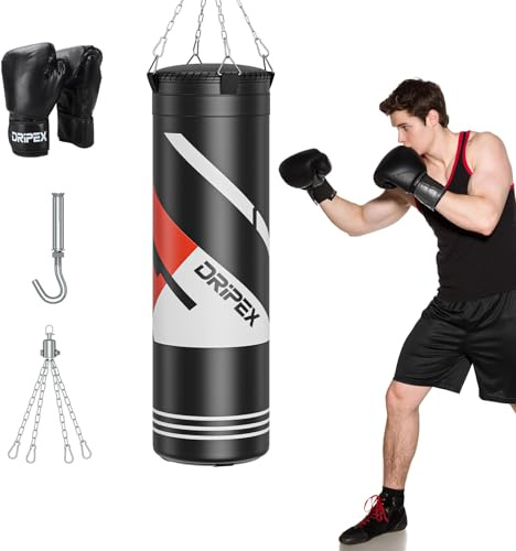 Dripex Saco de Boxeo Colgante para Adultos, Equipo de Entrenamiento de Saco Boxeo con 12oz Guantes, Cadena de Acero Giratoria de 360° para Kárate Kickboxing Muay Gimnasio en Casa (Relleno)