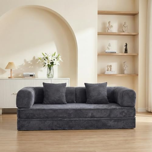 GEDTECH ARMANA Canapé 3 Places Convertible Lila en Velours côtelé, modulable en lit, Confortable, Cosy, méridienne en Velours, livré compressé, Sofa Moderne et Personnalisable, canapé lit (Gris)