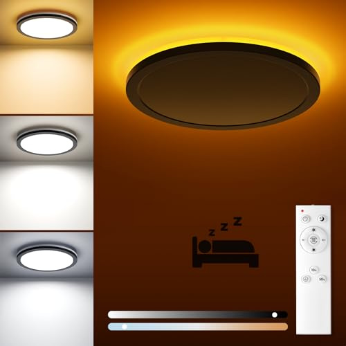 Matane Schwarz LED Deckenleuchte Dimmbar mit Fernbedienung, 18W Ø22cm Deckenlampe mit 5W Nachtlicht Warm Lampen, 3000K-6500K Dimmbar Flach Panel für Schlafzimmer Kinderzimmer Flur Rund