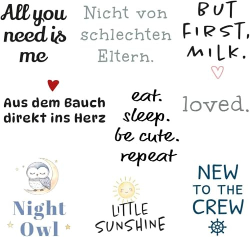 9 Bügelbilder für Babyparty/Babyshower Party - Jungen oder Mädchen | Bügelmotive zum Aufbügeln, Für Strampler, Babybodies oder Lätzchen, Kreative Idee zur Beschäftigung