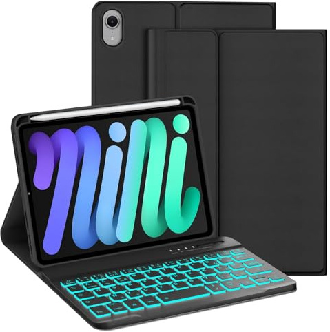 WAVATA Clavier pour iPad Mini 7 8.3'' 2024 (A17Pro), Étui Clavier pour iPad Mini 6 2021 Magnétique Amovible Bluetooth Français AZERTY Layout, 7 Couleurs De Rétroéclairage, Noir