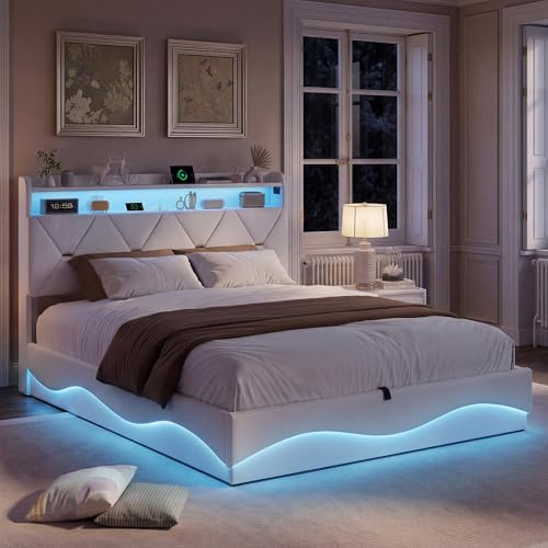 AONYAYBM Bett 140x200 mit Bettkasten, Polsterbett Doppelbett mit LED und USB, Boxspringbett 140x200 mit Stauraum Kopfteil,Jugendbett, Bettgestell mit Lattenrost, Samt, Ohne Matratze(Beige-C)