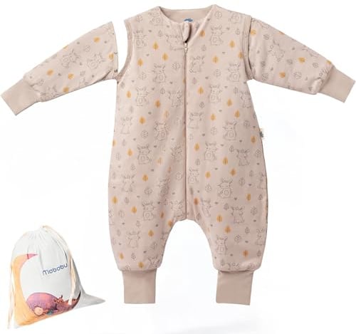 Mababu Baby-Übergangsschlafsack mit Füßen, 1.5 TOG, GOTS Bio-Baumwolle | Abnehmbare Ärmel, umklappbare Bündchen, gepolsterter Reißverschluss, OEKO-TEX-geprüft, inkl. Stofftasche