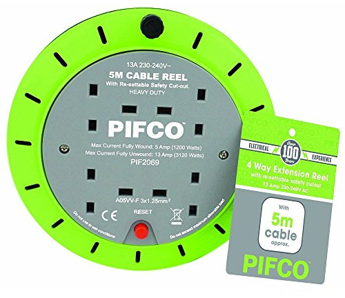 PIFCO Extension Reel Electric Wire Heavy Duty - 5M, 10M and 25M Cable with 4 Way Socket Plug, Thermal Fuse and Safety Cutout - 13A 230-240V