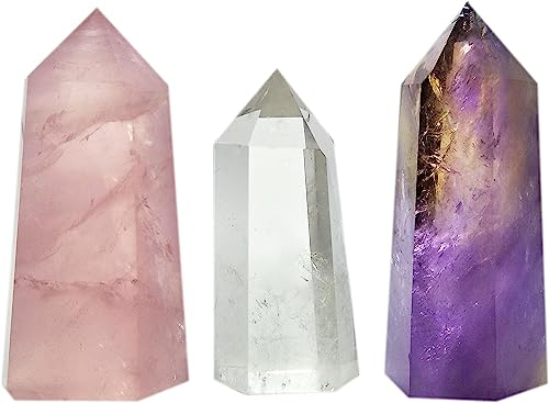 Set di 3 bacchette di cristallo curative, appuntite, prisma sfaccettato, bacchette per reiki, chakra, meditazione e terapia, decorative (quarzo rosa, quarzo trasparente e ametista)