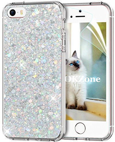 OKZone Cover iPhone SE,Cover iPhone 5S,Custodia iPhone 5 Custodia Lucciante con Brillantini Glitters Ultra Sottile Designer Case Cover per Apple iPhone 5 / iPhone 5S / iPhone SE (Argento)