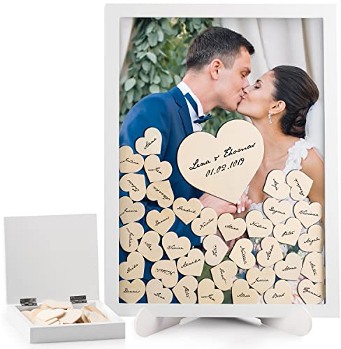 Fairytale Wedding © Gästebuch Hochzeit Holz inkl. 81 Herzen - Herz Hochzeitsgästebuch mit Echtglas - Bilderrahmen zum Befüllen mit Holzherzen - Hochwertiger Hochzeit Holzrahmen zum Beschriften