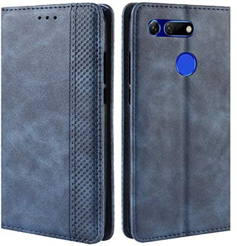 HualuBro Coque pour Honor View 20, Etui Housse à Rabat en Retro PU Cuir Flip Leather Case Cover Antichoc Portefeuille Protection Stand Coque pour Huawei Honor View 20 (Bleu)