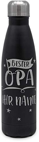printplanet - Isolierte Trinkflasche mit Text oder Namen graviert - Edelstahl Thermo-Flasche mit Gravur, 500ml - Schwarz - Motiv: Bester Opa