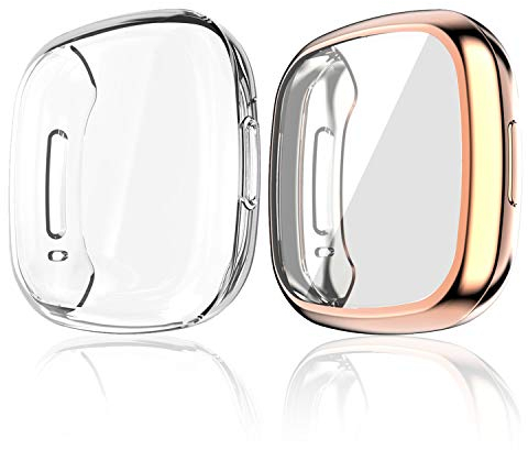 MJRom Lot de 2 coques de protection d'écran pour Fitbit Versa 3/Sense en TPU plaqué robuste et résistant aux rayures pour montre connectée Versa 3/Sense (transparent+or rose)