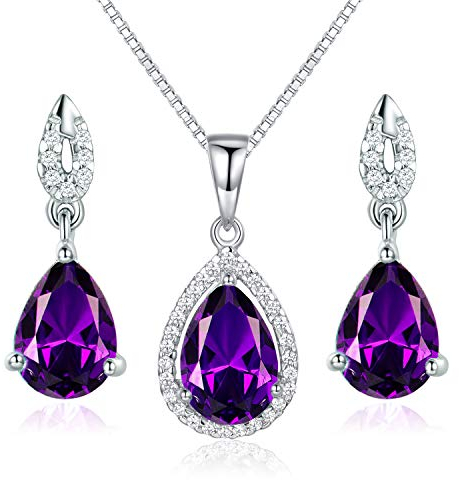 Schmuckset Silber 925 Damen Kette Ohrring Halskette Anhänger Ohrstecker Tropfen Edel mit Amethyst Geschenk Verpackung 40+5CM Kettenlänge Geschenke für Party/Jahrestag/Geburtstag