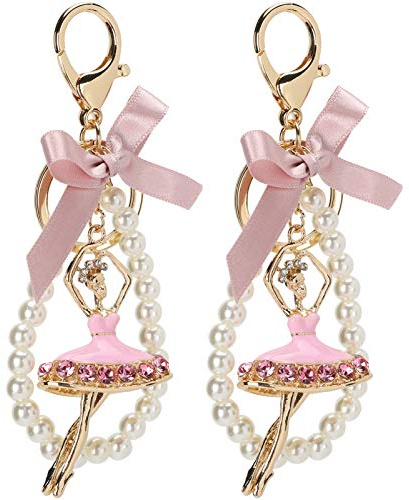 Garosa 2 Stück Crystal Ballerina Dancer Schlüsselring Schlüsselbund Anhänger Ballett Mädchen Diamant besetzt Bowknot Pearl Bag Metall Schlüsselring