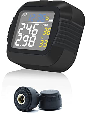 TOTMOX Moniteur de pression des pneus de moto, chargement USB, écran LCD sans fil, système de surveillance TPMS avec 2 capteurs externes, moniteur de réflexion des données en temps réel pour vélo de