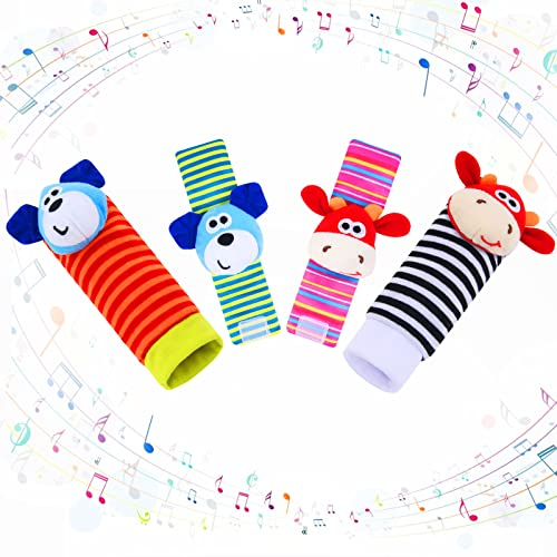 Vicloon Sonajero Calcetines y Muñequeras para Bebé, 4pcs Sonajeros de Muñeca Bebe Sonajero de Pies y Manos Juguetes, Sonajero para Recién Nacidos para Bebé de 4-5 Meses(Ternero)