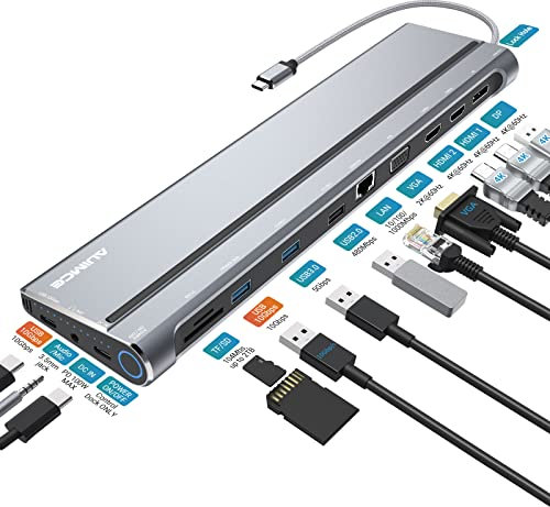 USB C Docking Station Triple Monitor, Laptop Docking Station with 2 HDMI, DP, VGA, Ethernet, USB3.2 Gen2 10Gbps,100W PD, SD/TF/USB 3.0 Ports for Dell Hp Thinkpad Thunderbolt Windows Computer