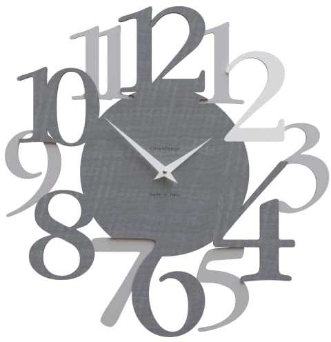 Moderne Wanduhr Russell - Italienisches CalleaDesign, große Ziffern, Dekoration für Heim und Büro, geräuschlos, Made in Italy [Graue Maserung, Aluminium, Weiß].