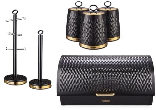 Tower Empire Kitchen Storage Set. Bread Bin, Set of 3 Tea, Coffee, Sugar Canisters, Mug Tree & Towel Pole in Black. Contemporary Art Deco Design Set of 6 Kitchen Items