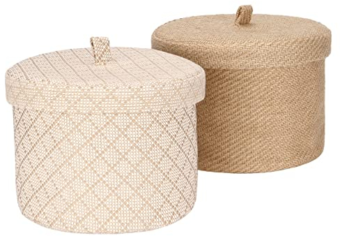 Sea Team 2 Pack Jute and Cotton Linen Storage Basket Cute Round Box for Toiletry Toy Sundry Item 5 Liters Desk Gadget Organizer with Lid(Medium B)