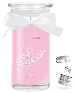 JuwelKerze Cherry Blossom Ohrringe Silber - Schmuckkerze 80 Std - große Duftkerze mit Blumigem Duft - rosa Kerze mit Schmuck Überraschung - Geschenke für Frauen, Geburtstag