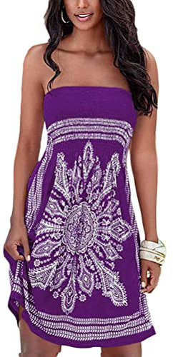 Onsoyours Robe Bustier pour Femmes Casual Imprimé Boho sans Bretelles Robe De Plage Cocktail Vacances Été Chic Mini Robe De Soirée Evasée Sundress Courte A Violet M