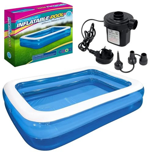 COOZi Paddling Pool – 2.6M with AC Pump Large Inflatable Pool for Kids, Toddlers & Adults, Durable Outdoor Swimming Pools with Self-Adhesive Repair Patch, Rectangle Pools for Summer Fun