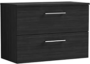 nuie ARN626W Arno Modern Bathroom Wall Hung 2 Drawer Vanity Unit with Colour Worktop, 800mm, Woodgrain Charcoal Black
