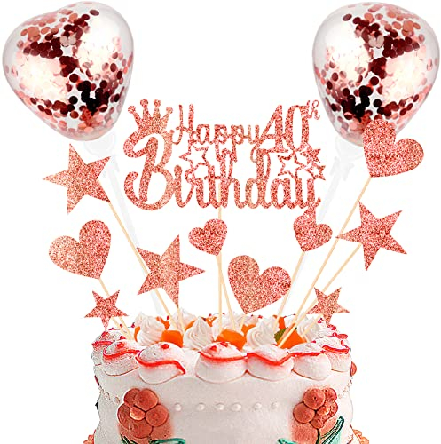 DKBT Personalised Cake Decorations 40th Happy Birthday Cake Toppers Glitter Cupcake Topper for Girls Boys Party Supplies for Rose Gold Theme Birthday Party Anniversary