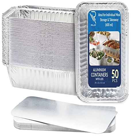 Rollay Paquete de 50 recipientes de papel de aluminio con tapas de 600 ml, bandejas de aluminio con tapas para almacenamiento de alimentos, hornear, asar, comida para llevar y fiestas, recipientes