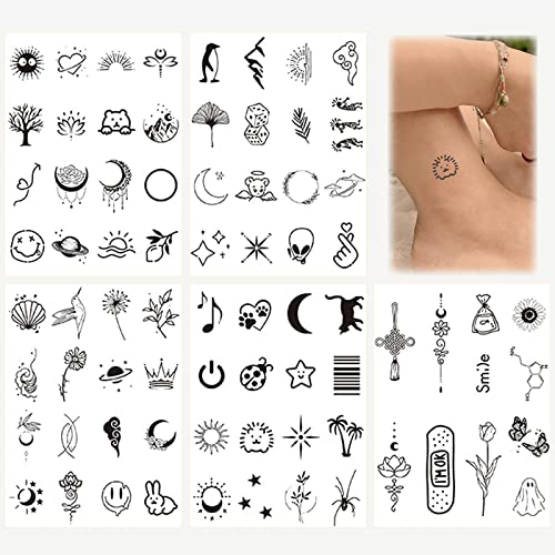 WOOXDYUK 5 Blätter Temporäre Tattoos-Sets,Bohemian, Fake-Tattoo-Aufkleber, Spitzen-Tribal-Tattoos, Lotus-Mond-Blumen-Mädchen-Tattoo, farbige Haut für Frauen, Schwarz